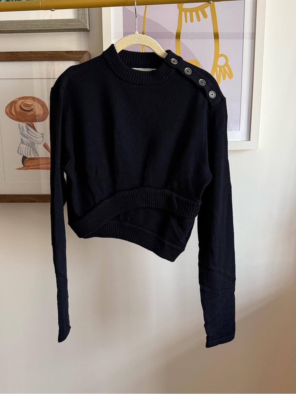 Zara SRPLS • Cropped Crewneck Sweater with Shoulder Buttons • navy blue • M